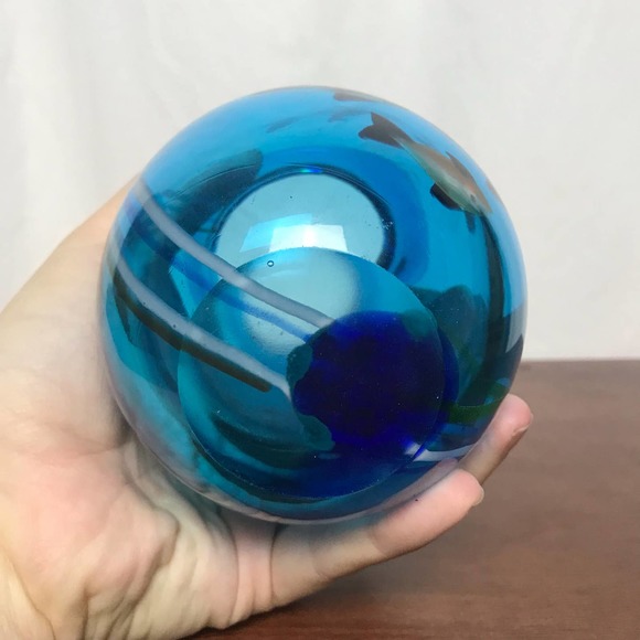 Beautiful Murano Heavy Thick Glass Blue Hand Painted Fish Aquarium Short Vase - Picture 10 of 10